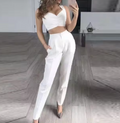 Women's Suit - Elegant Three-Piece Set - Blazer, Sleeveless Crop Top & High-Waisted Trousers