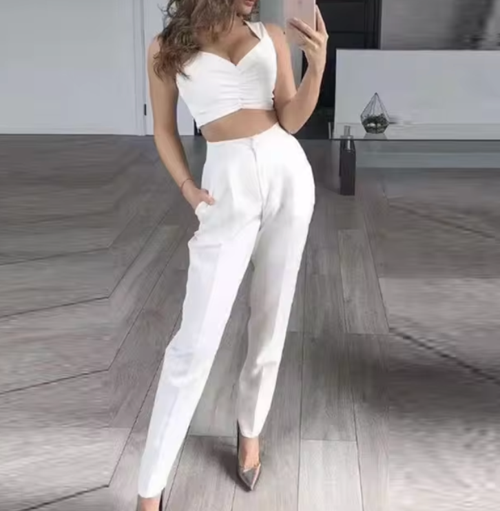 Women's Suit - Elegant Three-Piece Set - Blazer, Sleeveless Crop Top & High-Waisted Trousers