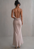 Women's Long Evening Dress - Backless Draped - Spaghetti Straps - Elegant Satin Look