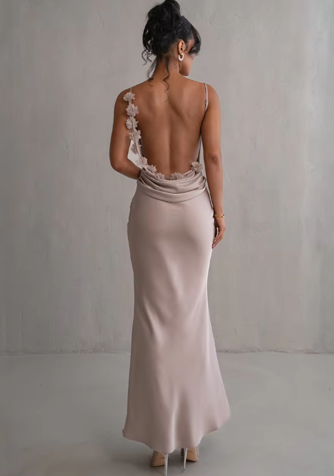 Women's Long Evening Dress - Backless Draped - Spaghetti Straps - Elegant Satin Look