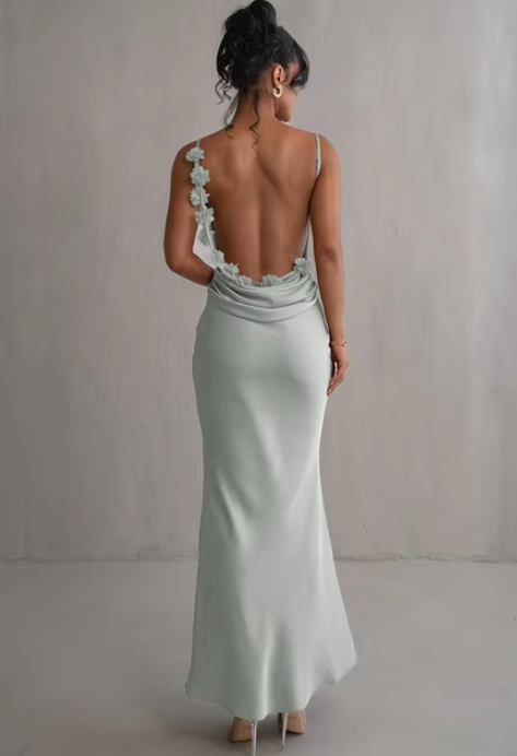 Women's Long Evening Dress - Backless Draped - Spaghetti Straps - Elegant Satin Look