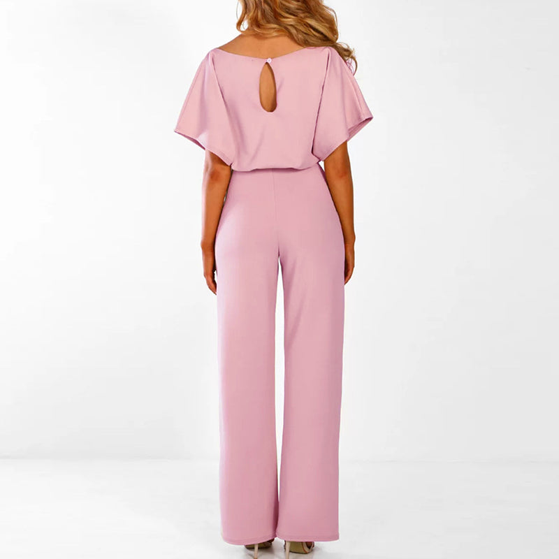 Wide Leg Short Sleeve Belted Jumpsuit