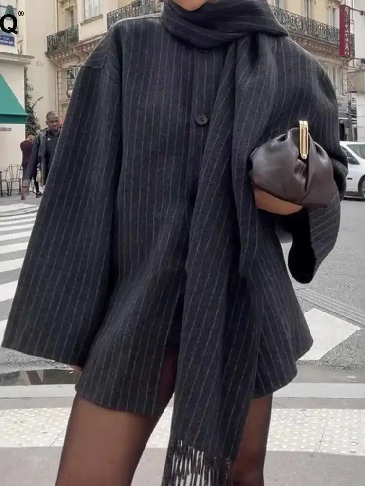 Relaxed Fit Striped Wool Short Jacket