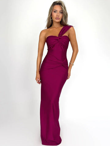 One-Shoulder Draped Fitted Long Dress