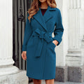 Women's Trench Coat - Wool Blend - Tie Belt - Classic Cut - Knee Length
