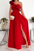 Women's Evening Dress - Asymmetric One-Shoulder - Ruched Detail - High Slit - Elegant Cut