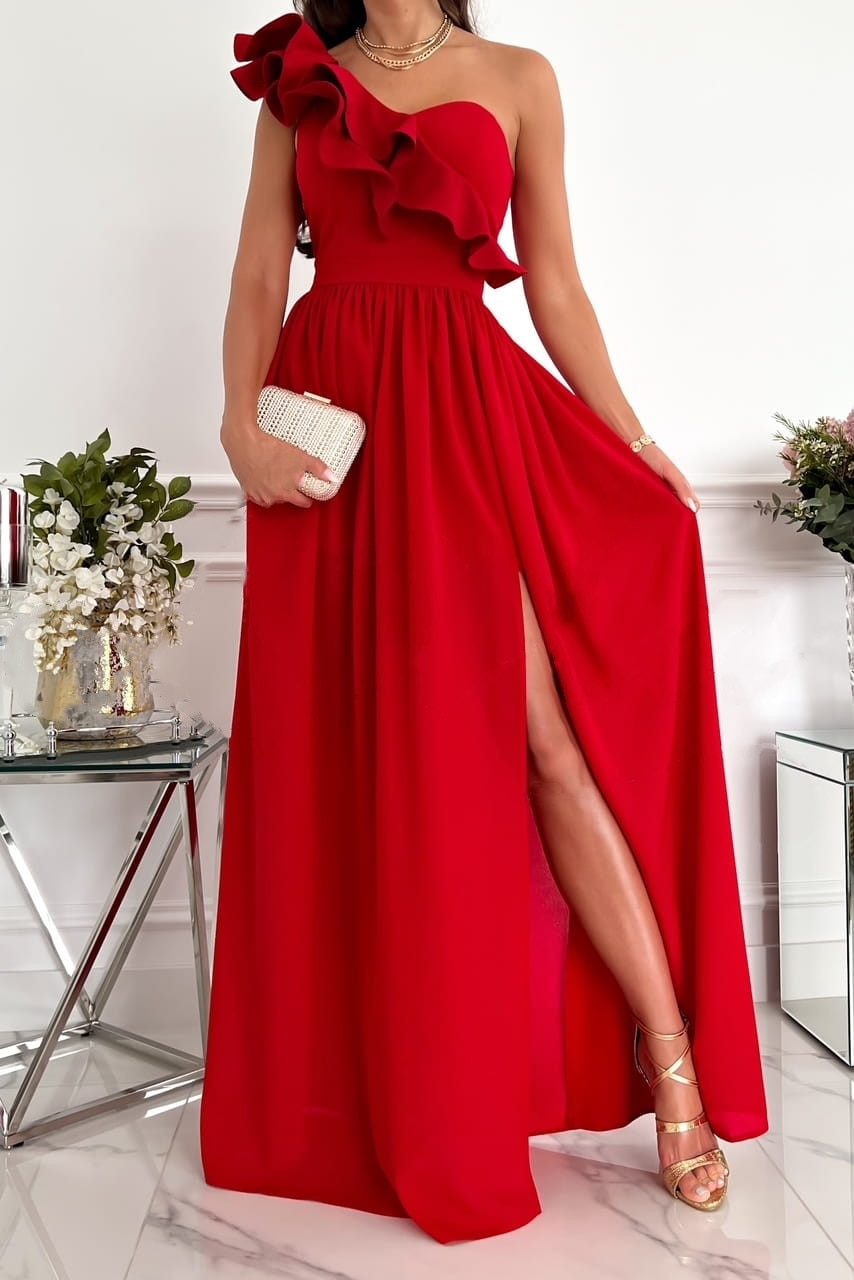 Women's Evening Dress - Asymmetric One-Shoulder - Ruched Detail - High Slit - Elegant Cut