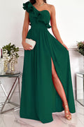 Women's Evening Dress - Asymmetric One-Shoulder - Ruched Detail - High Slit - Elegant Cut