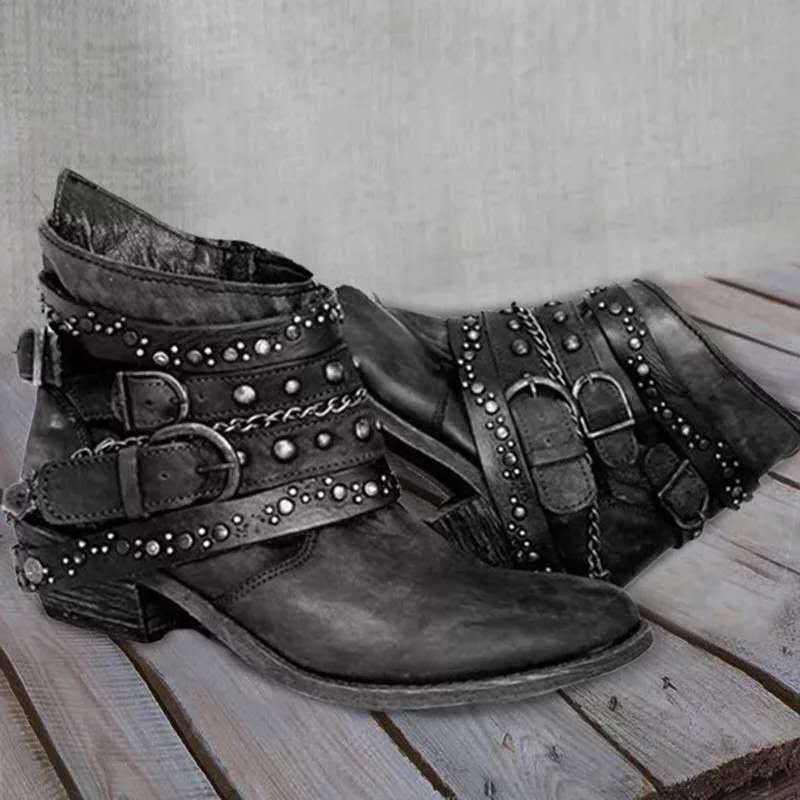Leather Western Buckle Ankle Boots