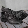 Women's Ankle Boots – Leather – Western Design – Buckles and Chain Details – Low Heel