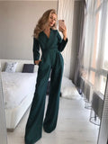 Women's Jumpsuit - V-Neck Wrap Design - Long Sleeves - Tailored Fit - Wide Legs