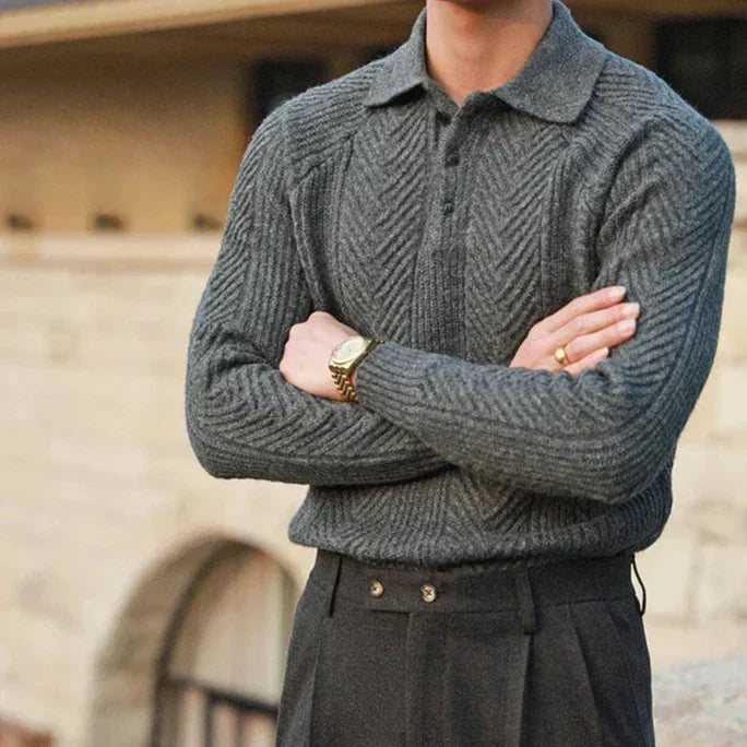 Men's Knit Sweater – Slim Fit – Cable Knit – Polo Collar – Long Sleeves Layer-on-layer
