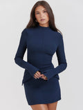 Women's Mini Dress - Fitted Design - Long Sleeves with Ruffle Details - High Neck