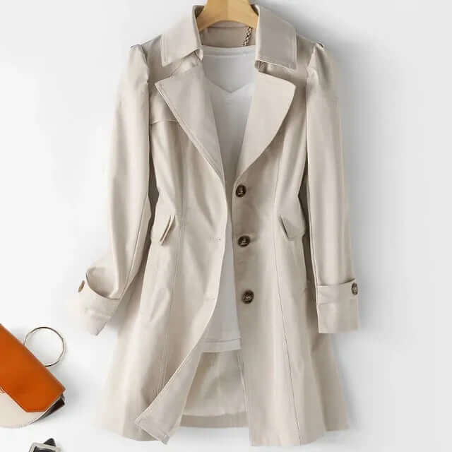 Women's Trench Coat - Classic Cut - Button Closure - Long Sleeves with Cuff