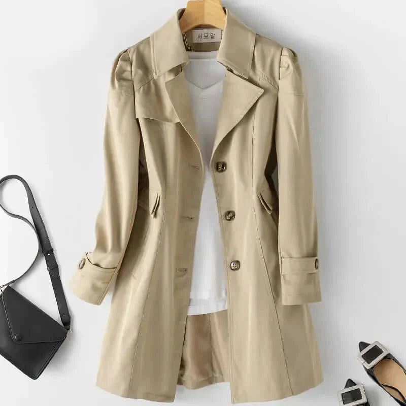 Women's Trench Coat - Classic Cut - Button Closure - Long Sleeves with Cuff
