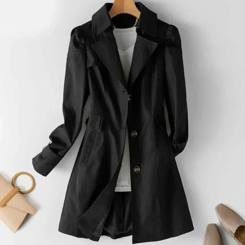Women's Trench Coat - Classic Cut - Button Closure - Long Sleeves with Cuff