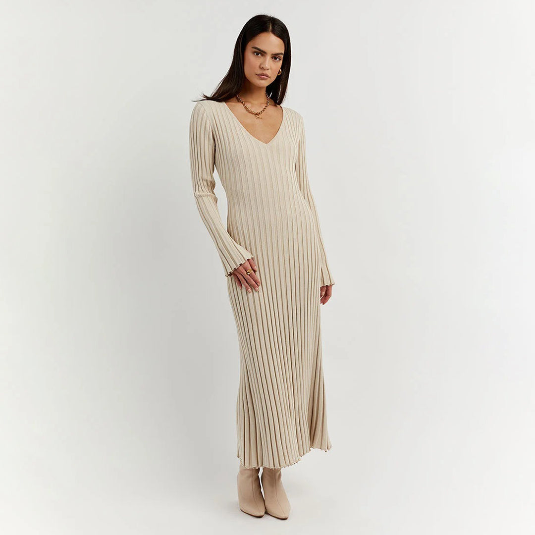 Knitted Fitted Ribbed V-Neck Long-Sleeved Maxi Dress