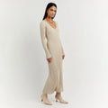 Women's Knitted Maxi Dress - V-neck - Long-sleeved - Fitted Ribbed Design