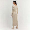 Women's Knitted Maxi Dress - V-neck - Long-sleeved - Fitted Ribbed Design