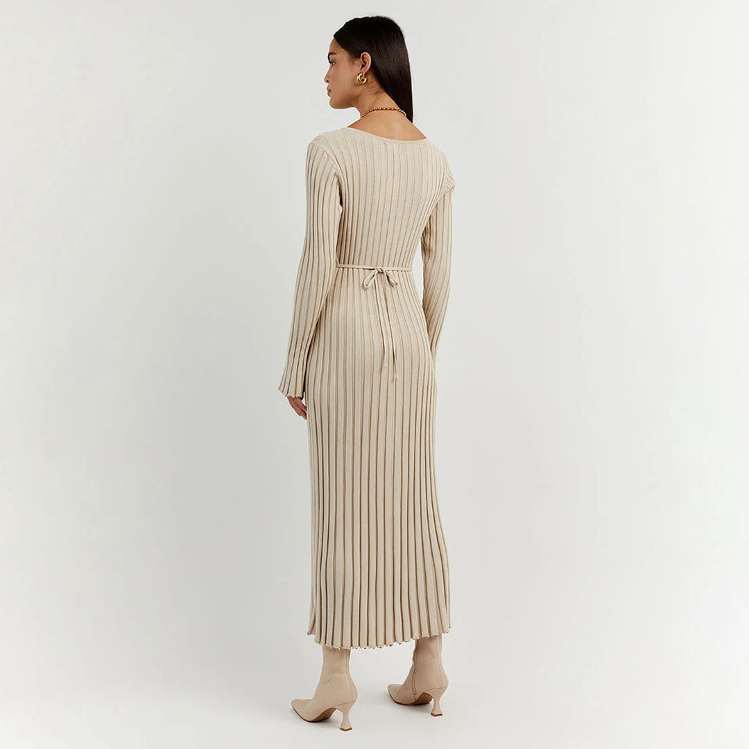 Women's Knitted Maxi Dress - V-neck - Long-sleeved - Fitted Ribbed Design