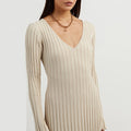 Women's Knitted Maxi Dress - V-neck - Long-sleeved - Fitted Ribbed Design