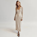 Women's Knitted Maxi Dress - V-neck - Long-sleeved - Fitted Ribbed Design