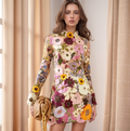 Women’s Mini Dress - Tailored - Long Sleeves - Floral Appliques - Elegant Party Look