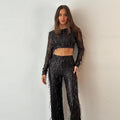 Women's Set with Crop Top and Pants – Fitted Long Sleeve – High Waist – Flared Legs – Decorated