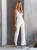 Women's Jumpsuit - Sleeveless Lace - V-Neck - Elegant Wide-Leg Design