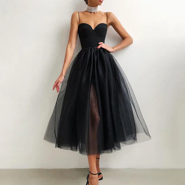 Elegant Tulle Skirt Sweetheart Midi Dress