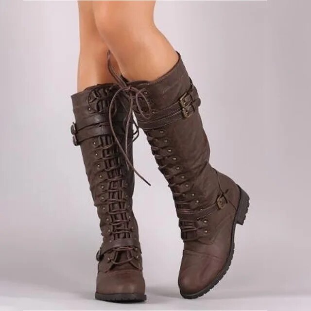 Lace-Up Buckle Rugged Knee-High Boots