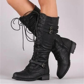 Lace-Up Buckle Rugged Knee-High Boots