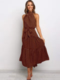 Dress with High Neck - Long Maxi - Sleeveless with Tie - Polka Dot Design