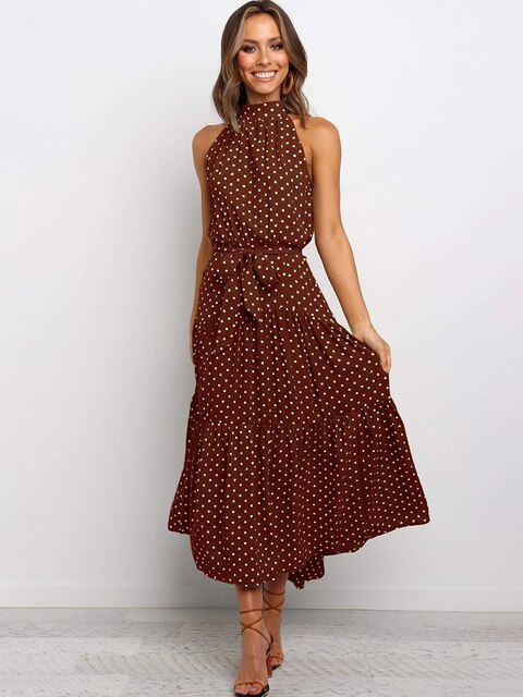 Dress with High Neck - Long Maxi - Sleeveless with Tie - Polka Dot Design