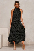 Dress with High Neck - Long Maxi - Sleeveless with Tie - Polka Dot Design