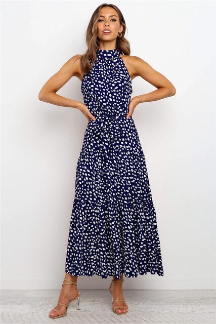 Dress with High Neck - Long Maxi - Sleeveless with Tie - Polka Dot Design