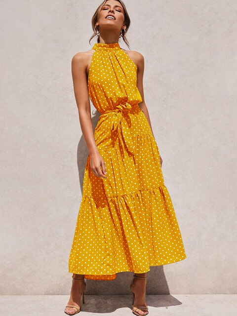 Polka Dot High Neck Sleeveless Maxi Dress