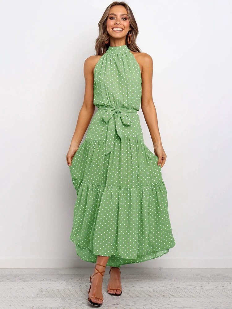 Polka Dot High Neck Sleeveless Maxi Dress