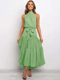 Dress with High Neck - Long Maxi - Sleeveless with Tie - Polka Dot Design