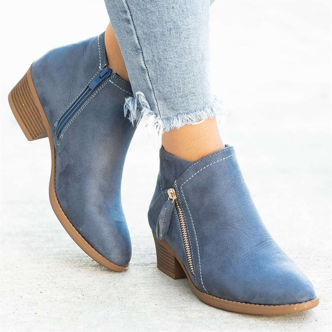 Suede Low Block Heel Round Toe Ankle Boots