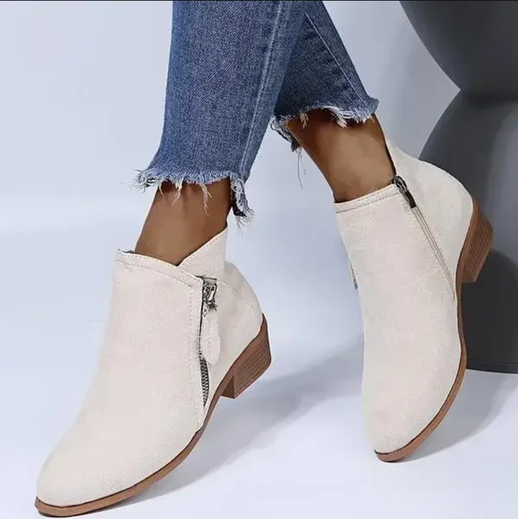 Women's Ankle Boots - Suede - Low Block Heel - Round Toe - Zipper Closure