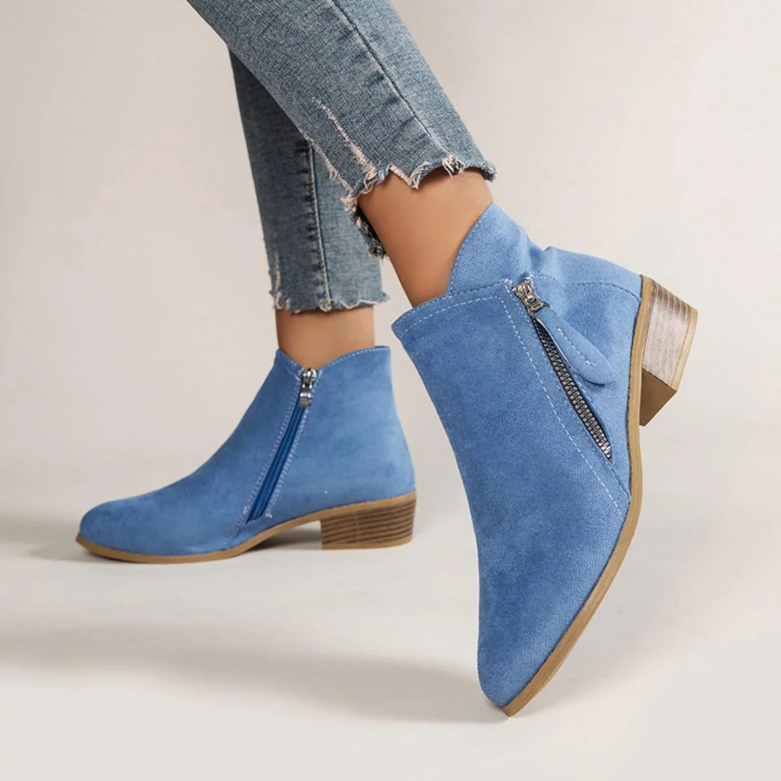 Women's Ankle Boots - Suede - Low Block Heel - Round Toe - Zipper Closure