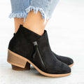 Women's Ankle Boots - Suede - Low Block Heel - Round Toe - Zipper Closure