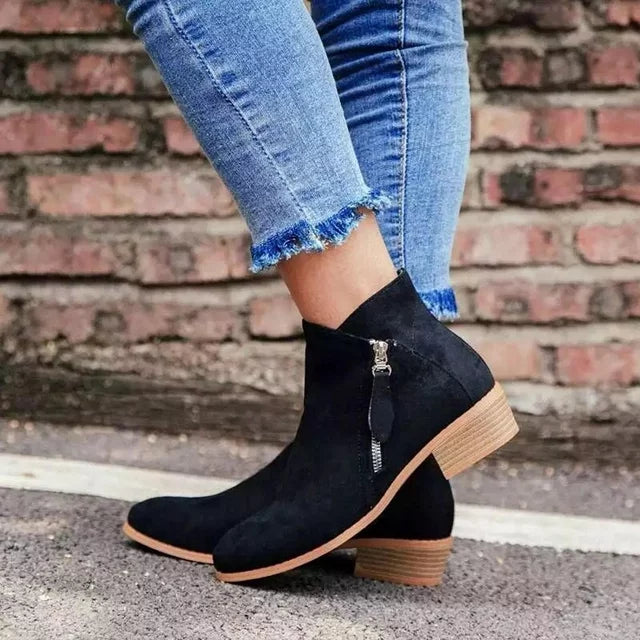 Women's Ankle Boots - Suede - Low Block Heel - Round Toe - Zipper Closure