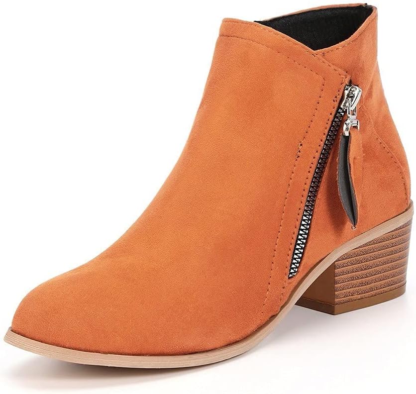 Women's Ankle Boots - Suede - Low Block Heel - Round Toe - Zipper Closure
