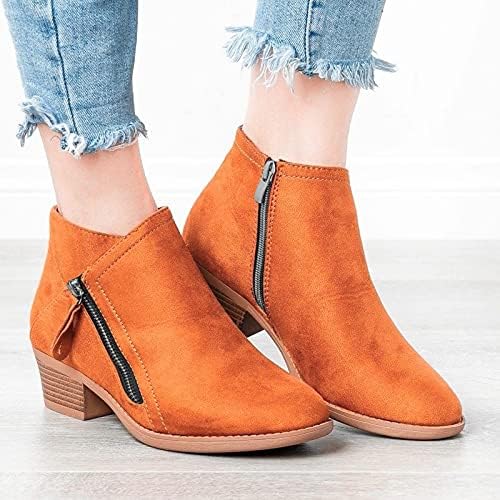 Women's Ankle Boots - Suede - Low Block Heel - Round Toe - Zipper Closure