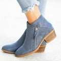 Women's Ankle Boots - Suede - Low Block Heel - Round Toe - Zipper Closure