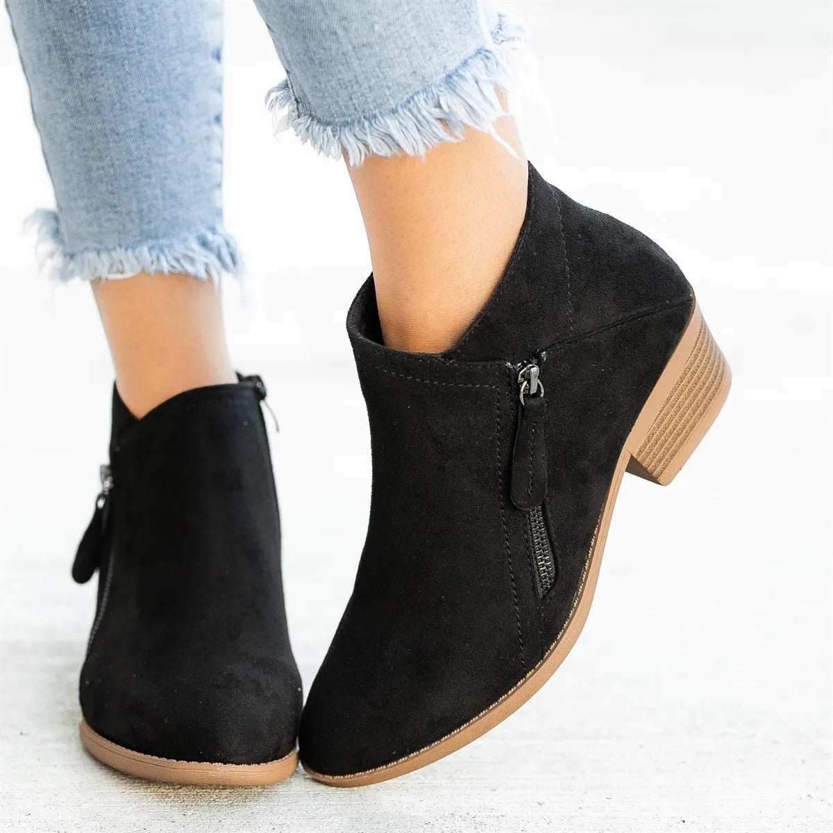 Women's Ankle Boots - Suede - Low Block Heel - Round Toe - Zipper Closure