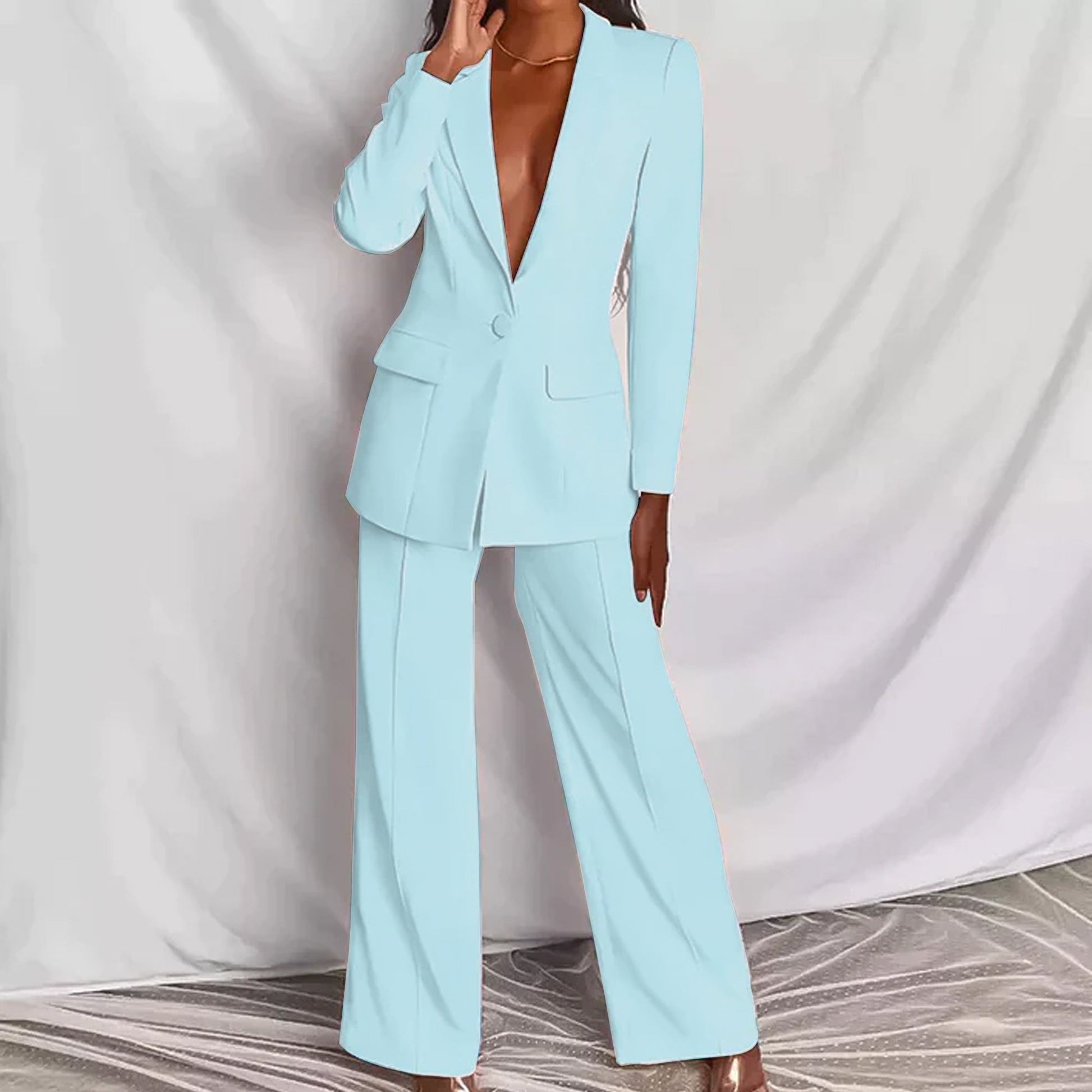 Women's Jumpsuit – Tailored Blazer with Deep Neckline – High-Waisted Wide Pants