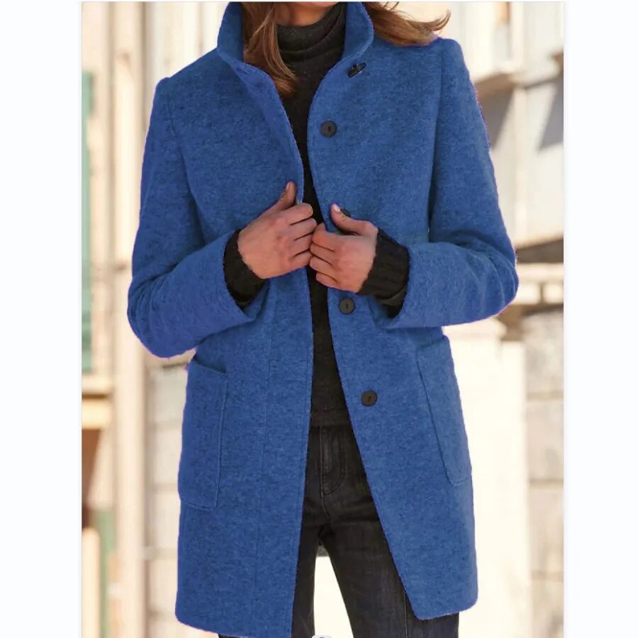 Women's Wool Coat - Classic Cut - High Collar - Single-Breasted - Tailored Fit